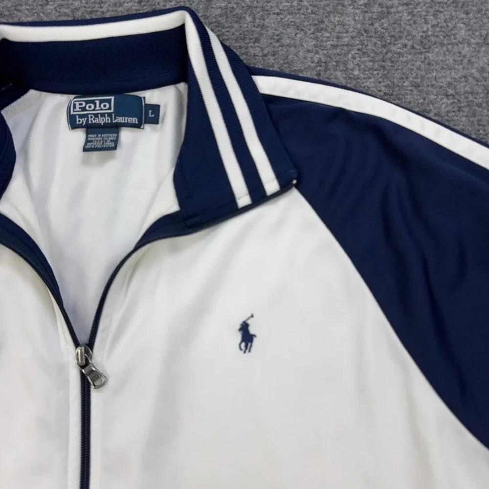 VTG Polo Ralph Lauren Track Jacket Mens L White Navy Full Zip Striped Colorblock